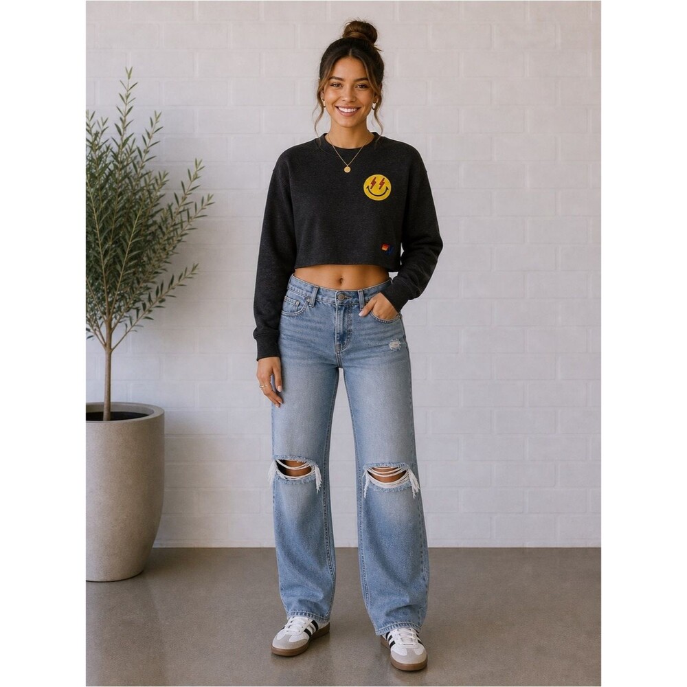 Aviator Nation Charcoal Cropped Sweatshirt with Smiley Patch
